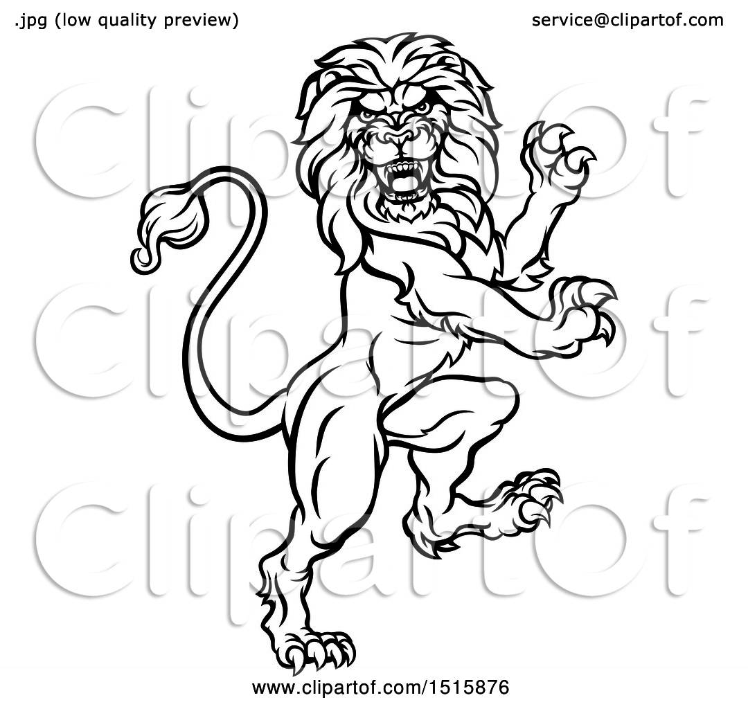 Clipart of a Black and White Heraldic Rampant Lion - Royalty Free ...