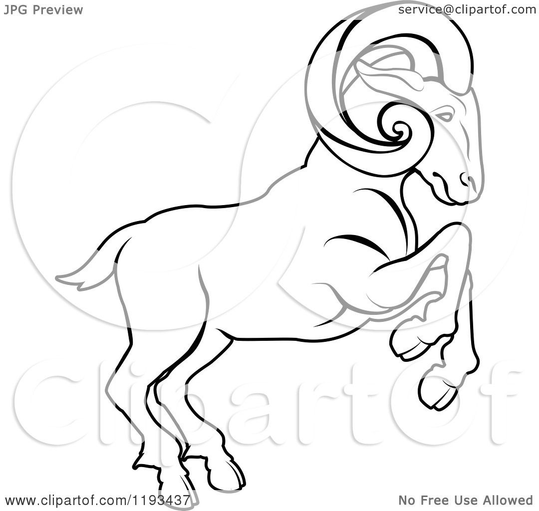 Clipart of a Black and White Line Drawing of the Aries Ram Zodiac