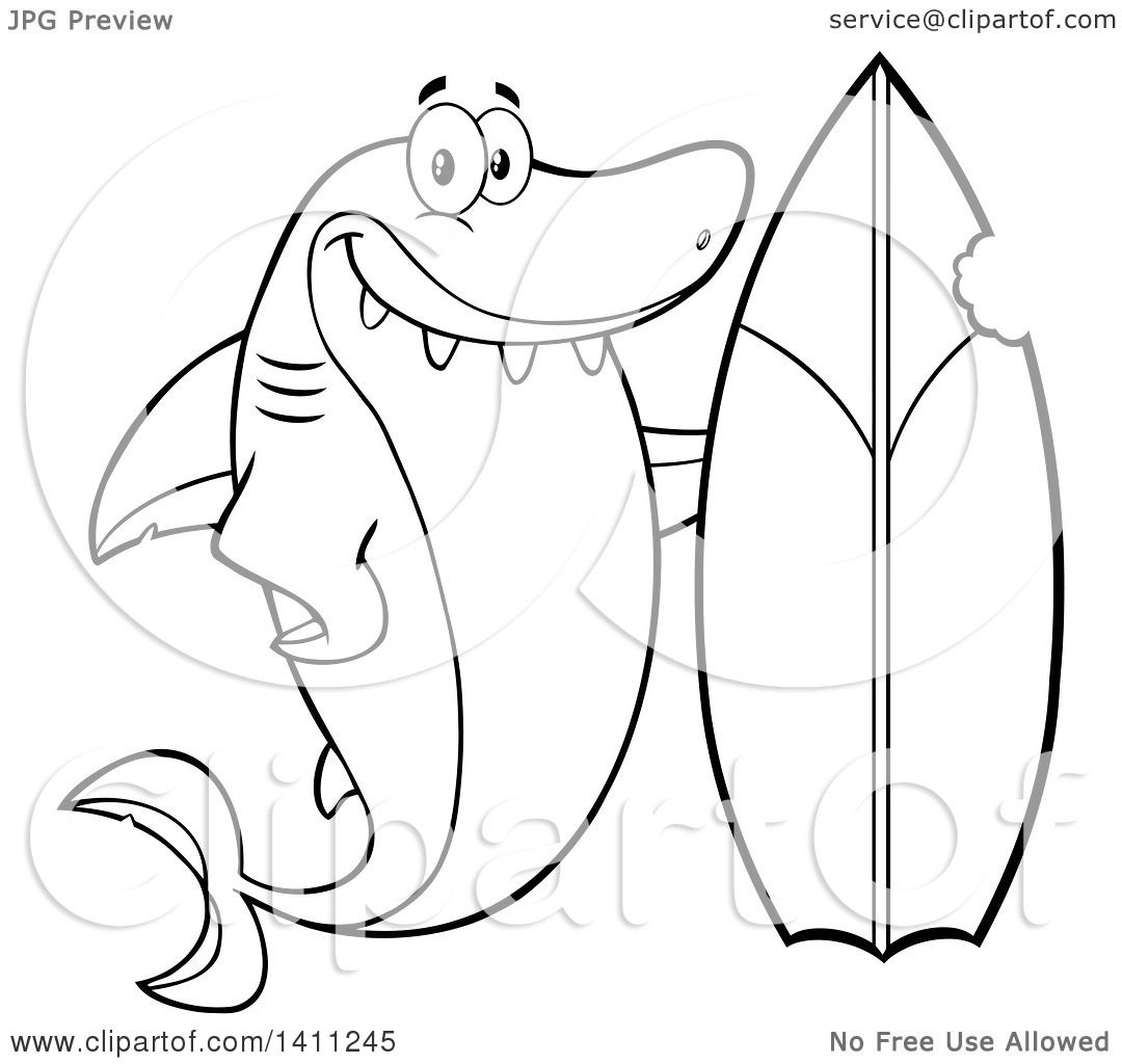 Clipart Of A Black And White Lineart Cartoon Happy Shark Mascot