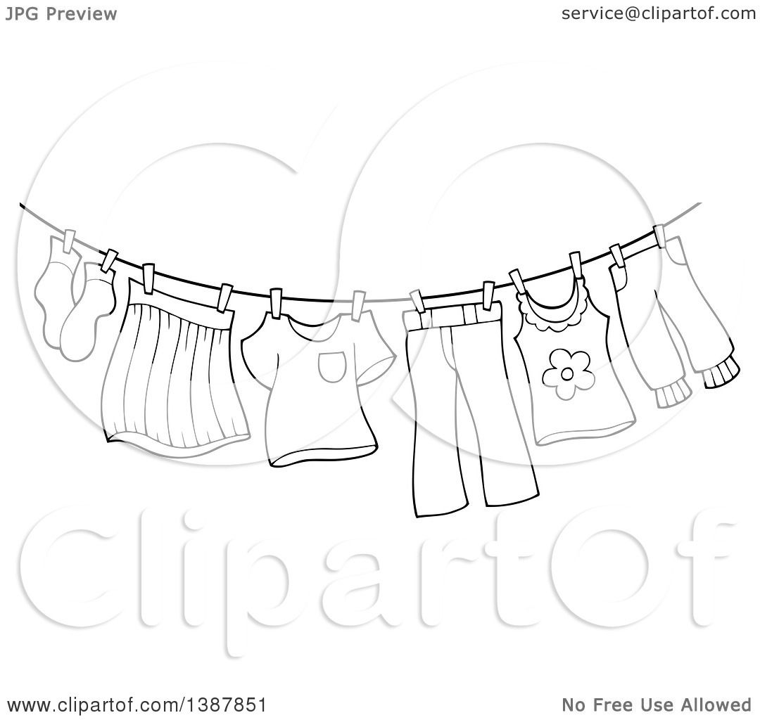 Clipart of a Black and White Lineart Clothes Line with Laundry Air