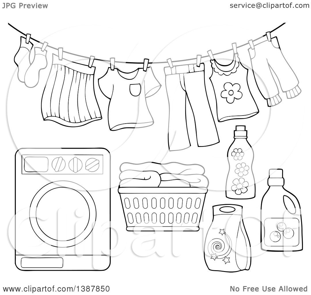 Clipart of a Black and White Lineart Clothes Line with Laund