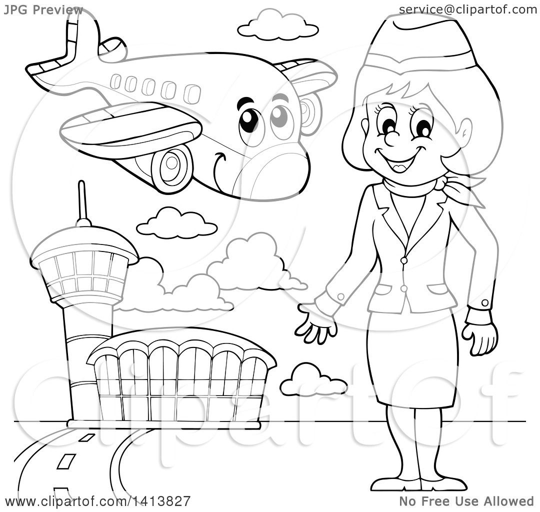 Clipart of a Black and White Lineart Female Flight Attendant at an