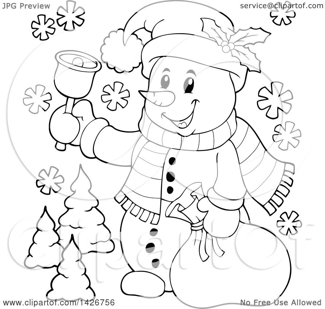 Clipart of a Black and White Lineart Festive Christmas Snowman Ringing ...