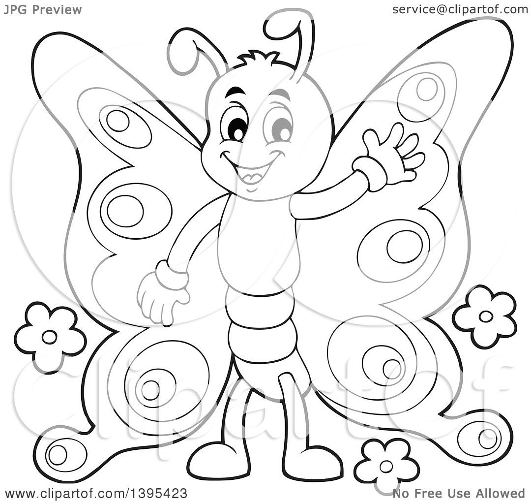 Clipart of a Black and White Lineart Happy Butterfly Waving - Royalty ...