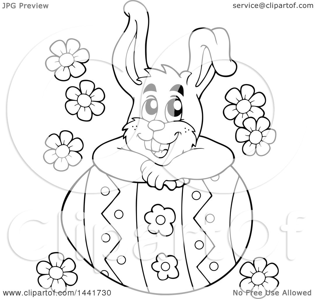 Clipart of a Black and White Lineart Happy Easter Bunny Rabbit Resting
