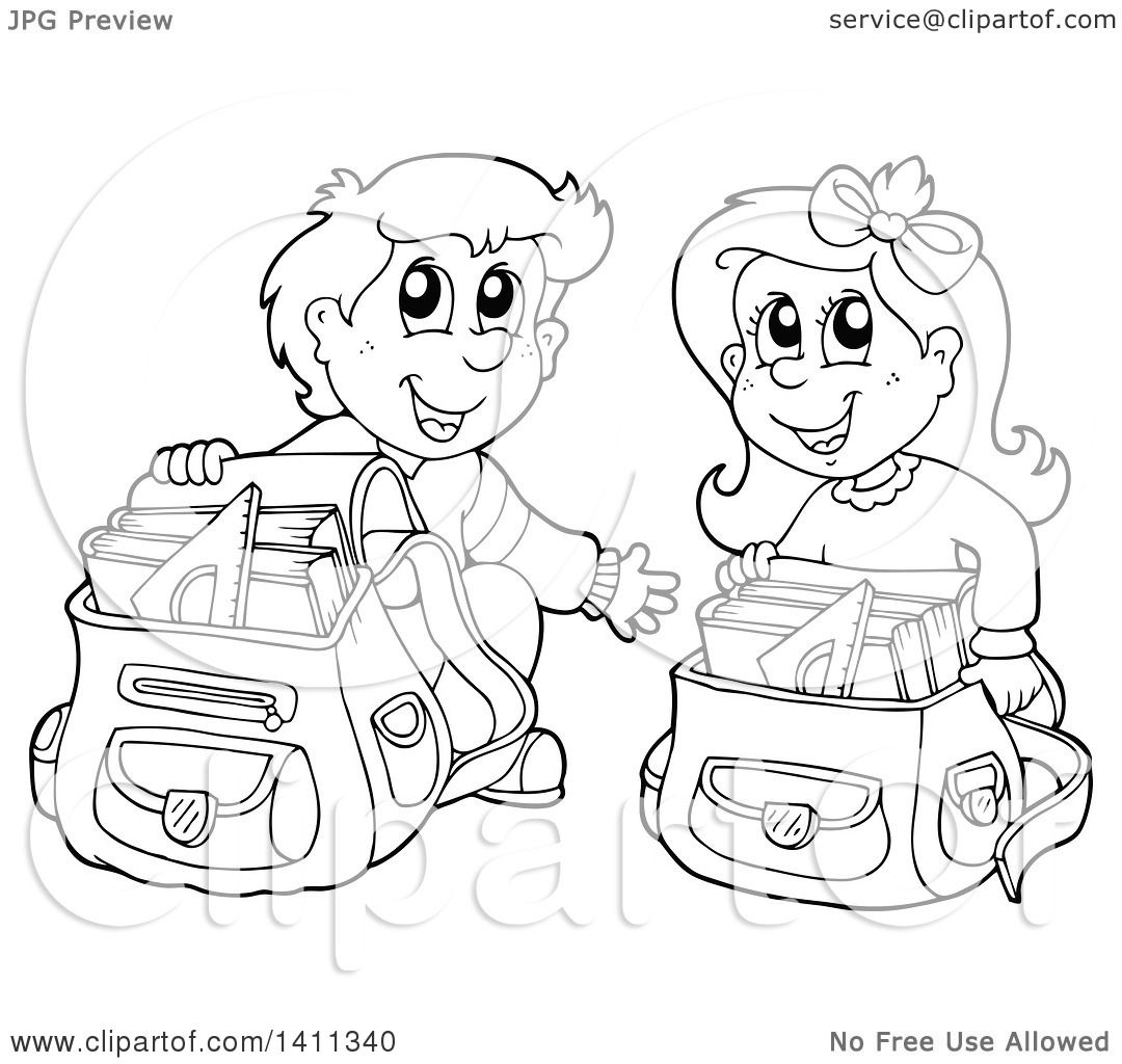Clipart Of A Black And White Lineart School Boy And Girl Going Through Their Backpacks Royalty Free Vector Illustration By Visekart
