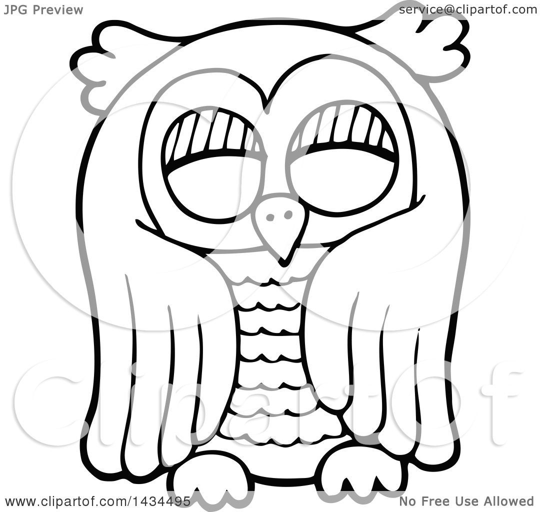 Clipart of a Black and White Lineart Sketched Owl ...