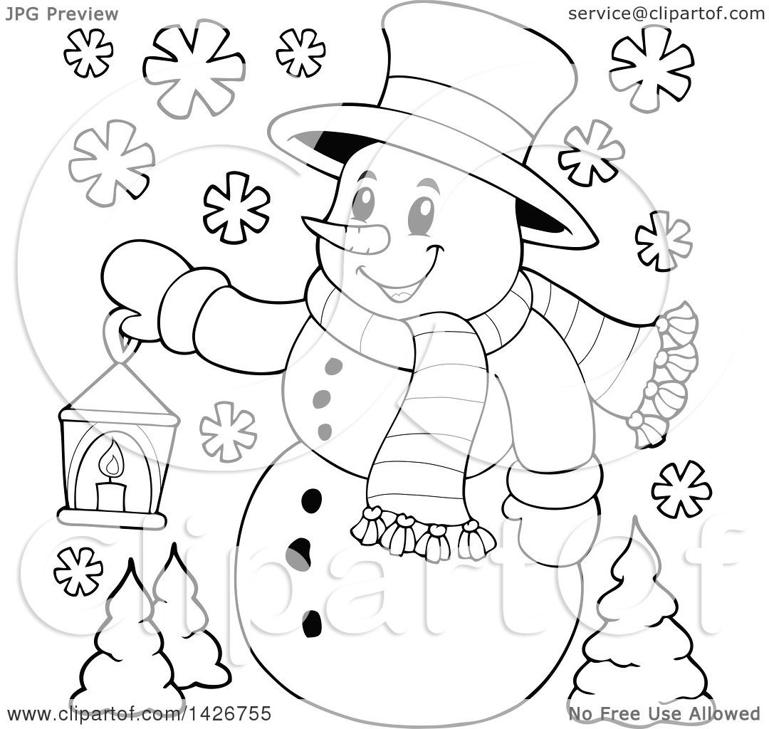Clipart of a Black and White Lineart Snowman Holding a Lantern ...