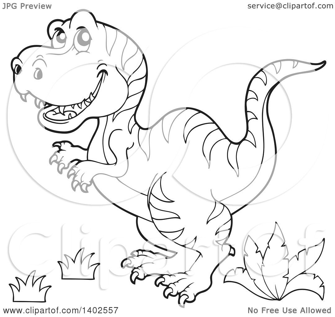 Clipart of a Black and White Lineart Tyrannosaurus Rex Dinosaur