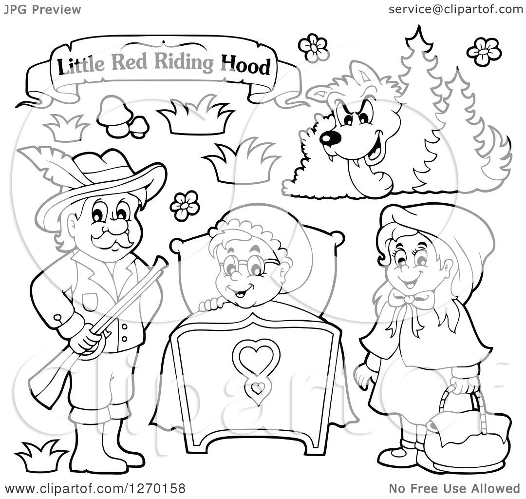 Clipart Of A Black And White Little Red Riding Hood Banner And Characters Royalty Free Vector Illustration By Visekart
