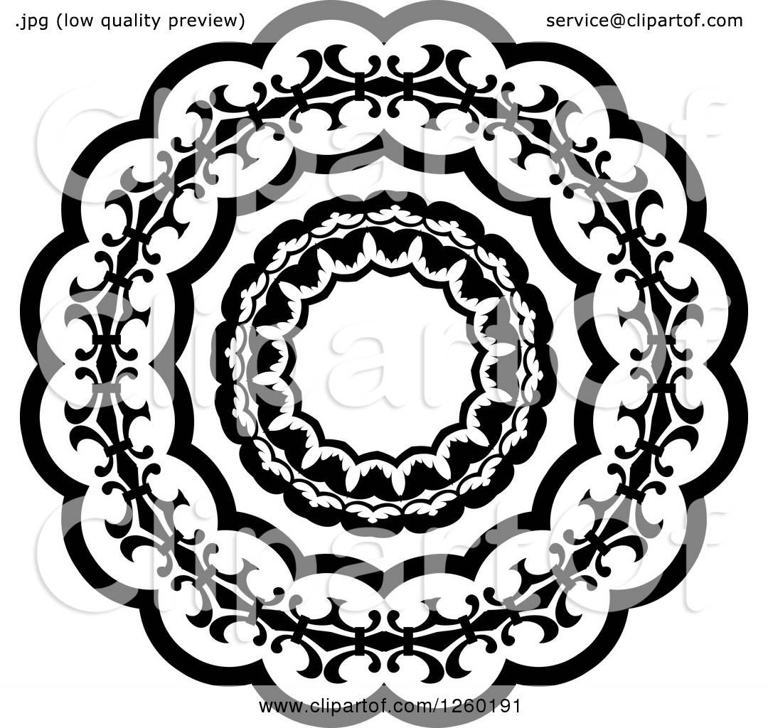 Clipart of a Black and White Medieval Lace Circle Design - Royalty Free