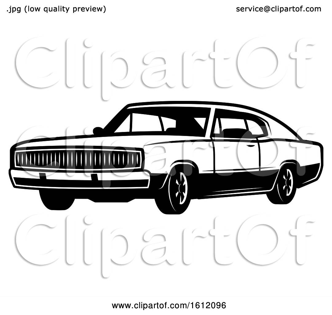 Clipart of a Black and White Muscle Car - Royalty Free Vector