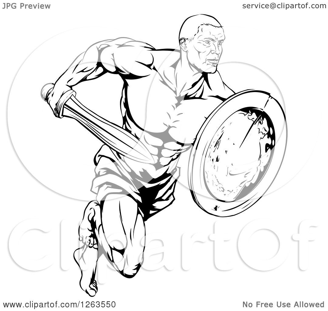 Clipart of a Black and White Muscular Gladiator Running with a Sword