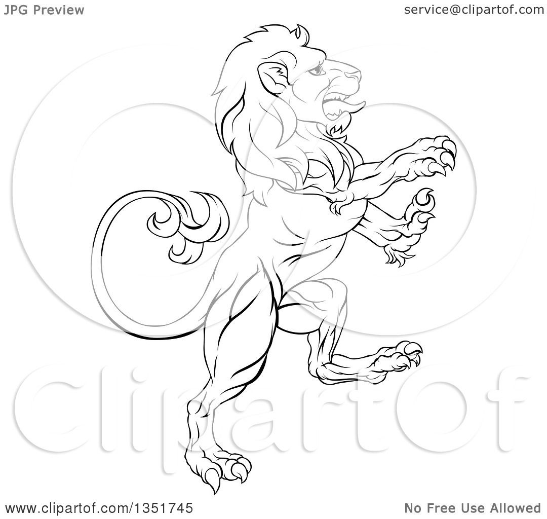 Clipart of a Black and White Ouline of a Rampant Lion - Royalty Free ...