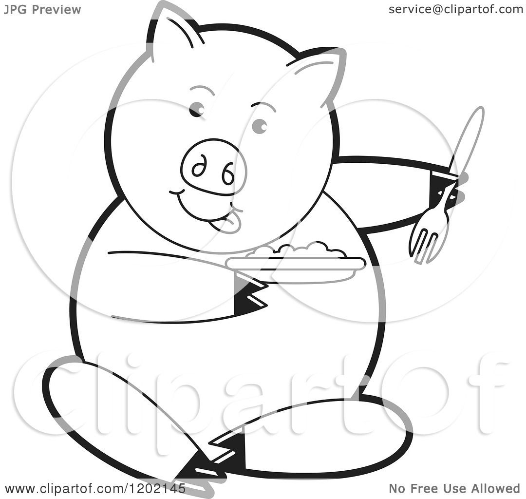 Clipart of a Black and White Pig Sitting and Eating - Royalty Free