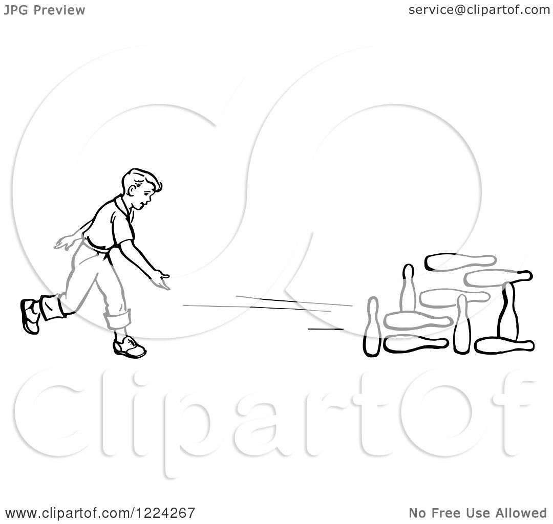 Clipart of a Black and White Retro Boy Bowling - Royalty Free Vector ...
