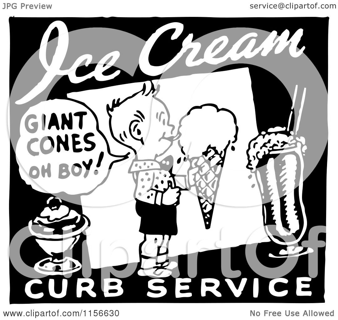 Clipart of a Black and White Retro Ice Cream Curb Service ...