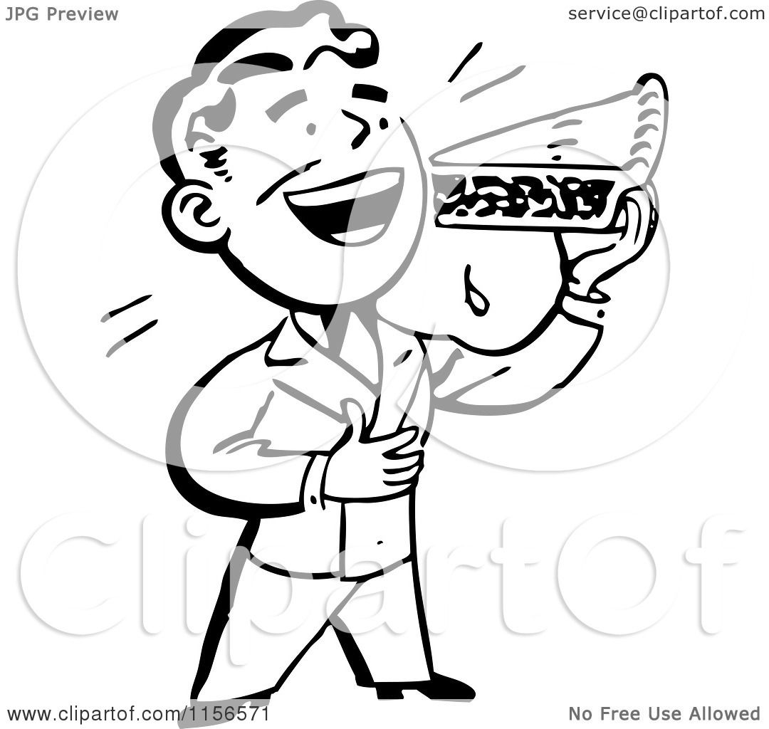 Clipart Of A Black And White Retro Man Eating A Slice Of
