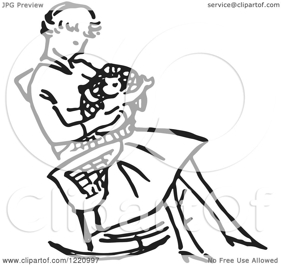 Clipart of a Black and White Retro Mother with a Baby in a ...
