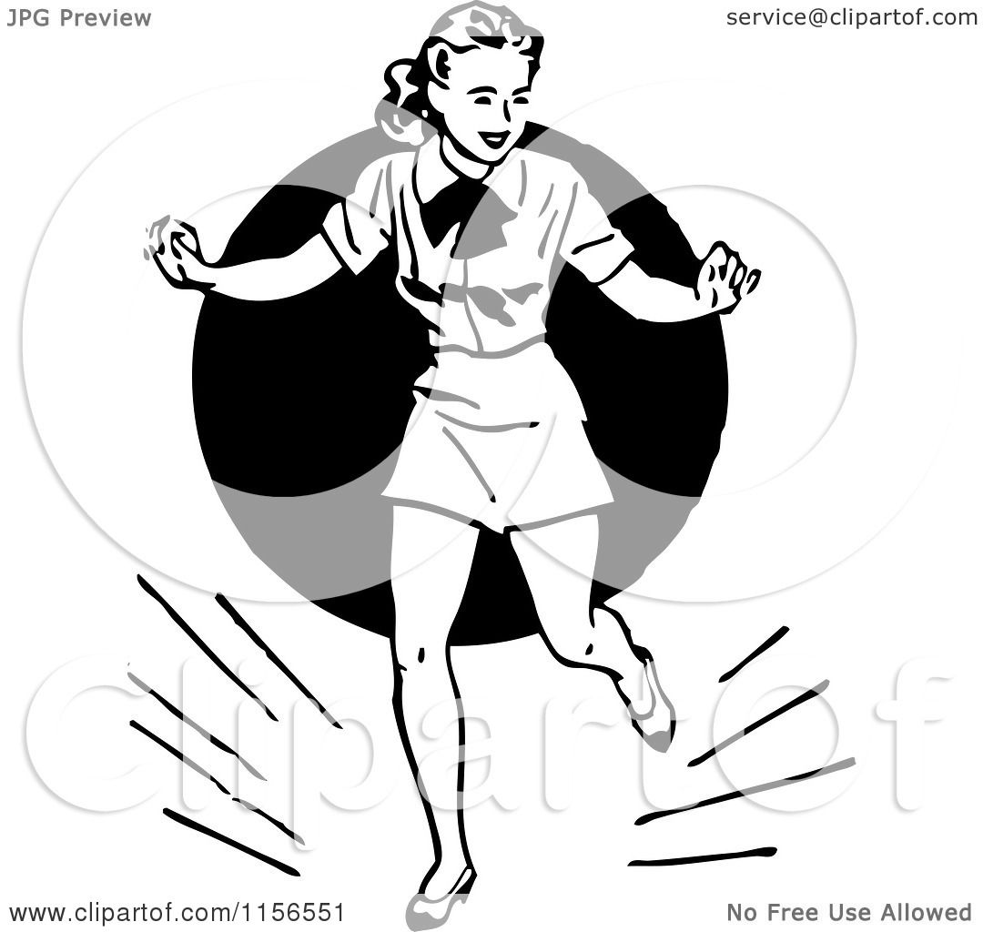 Clipart of a Black and White Retro Woman Tap Dancing - Royalty Free