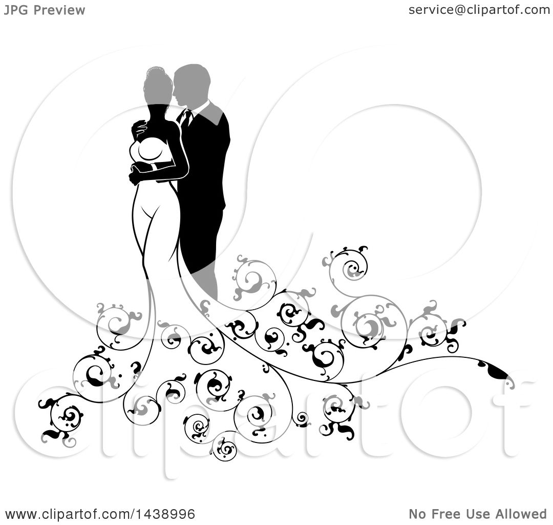 Clipart of a Black and White Silhouetted Posing Wedding Couple with ...