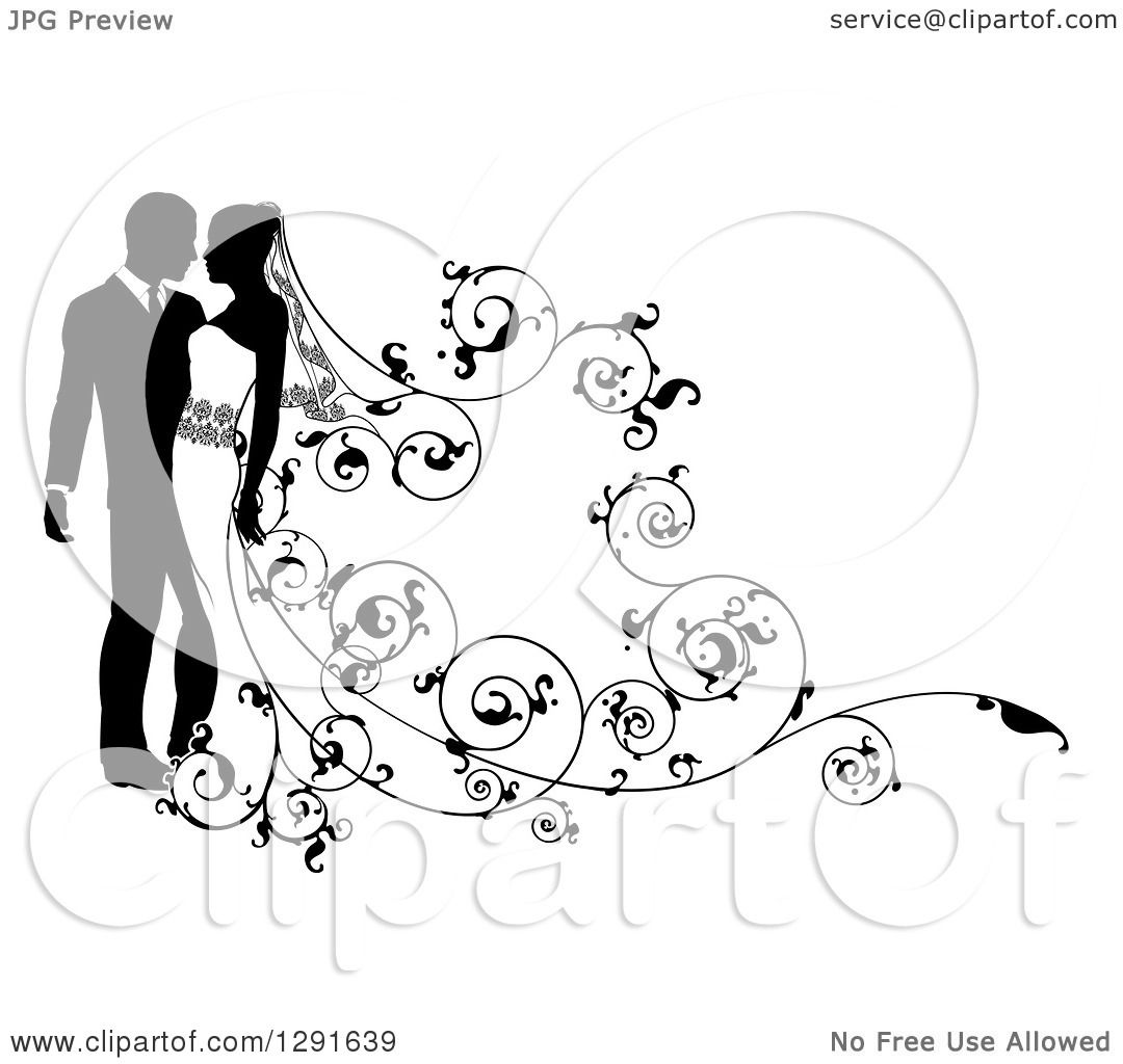 Clipart of a Black and White Silhouetted Wedding Couple with a Swirl ...