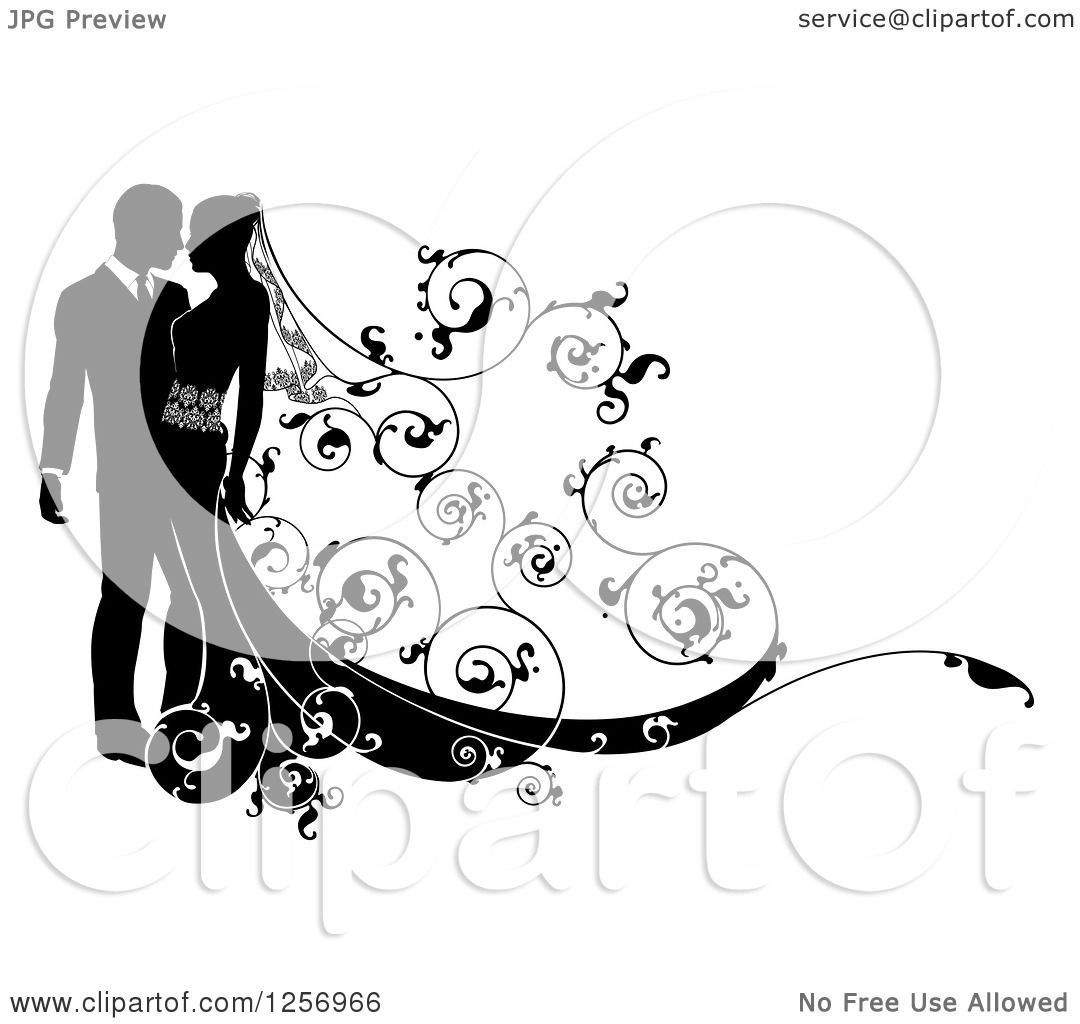 Clipart of a Black and White Silhouetted Wedding Couple with a Swirl ...