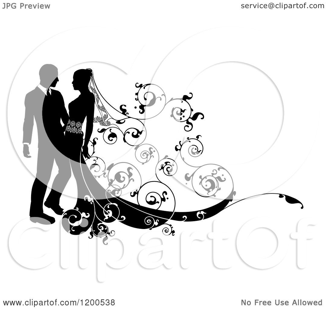 Clipart of a Black and White Silhouetted Wedding Couple with Ornate ...

