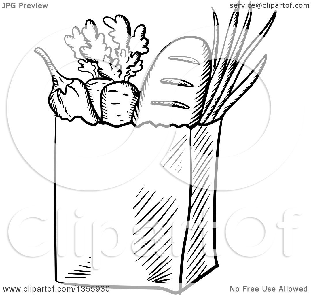 Clipart of a Black and White Sketched Bag of Groceries - Royalty Free