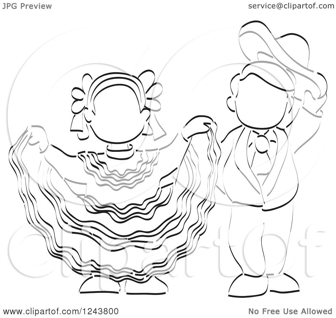 Clipart of a Black and White Sketched Boy and Girl Folk Dancing