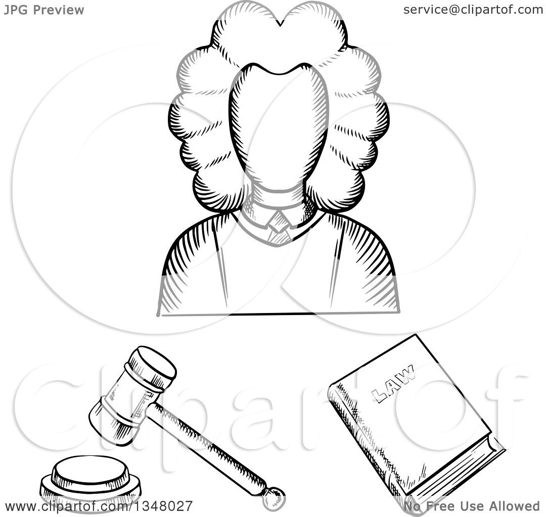 Clipart of a Black and White Sketched Female Judge, Law Book and Gavel