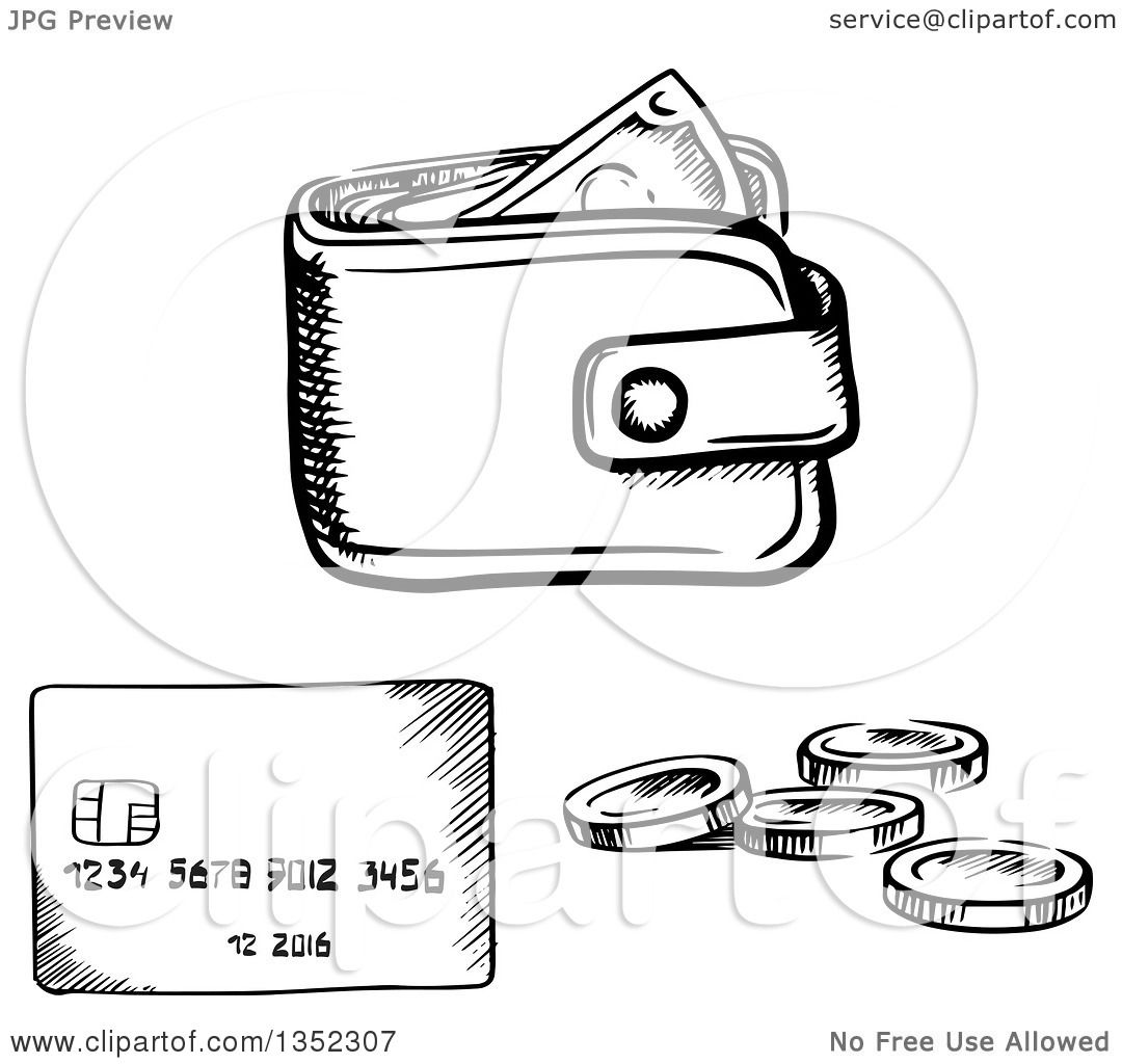 Clipart of a Black and White Sketched Wallet with Cash Money, Coins, and a Credit Card - Royalty ...