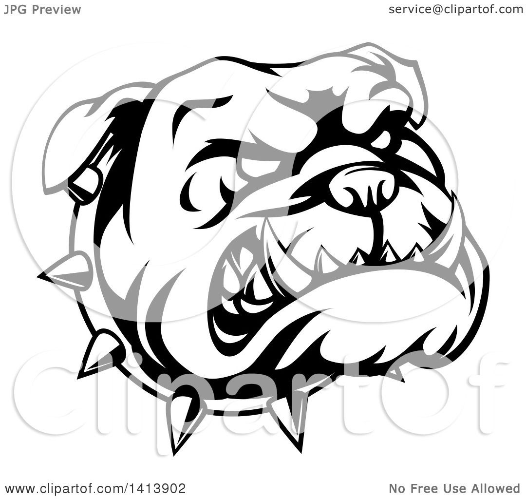 Clipart of a Black and White Snarling Bulldog Face and Spiked Collar ...