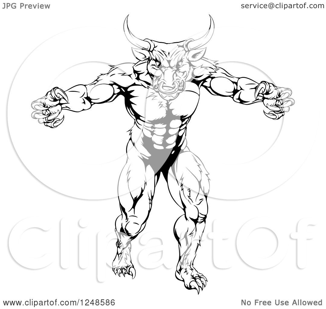Clipart of a Black and White Strong Minotaur Mascot - Royalty Free