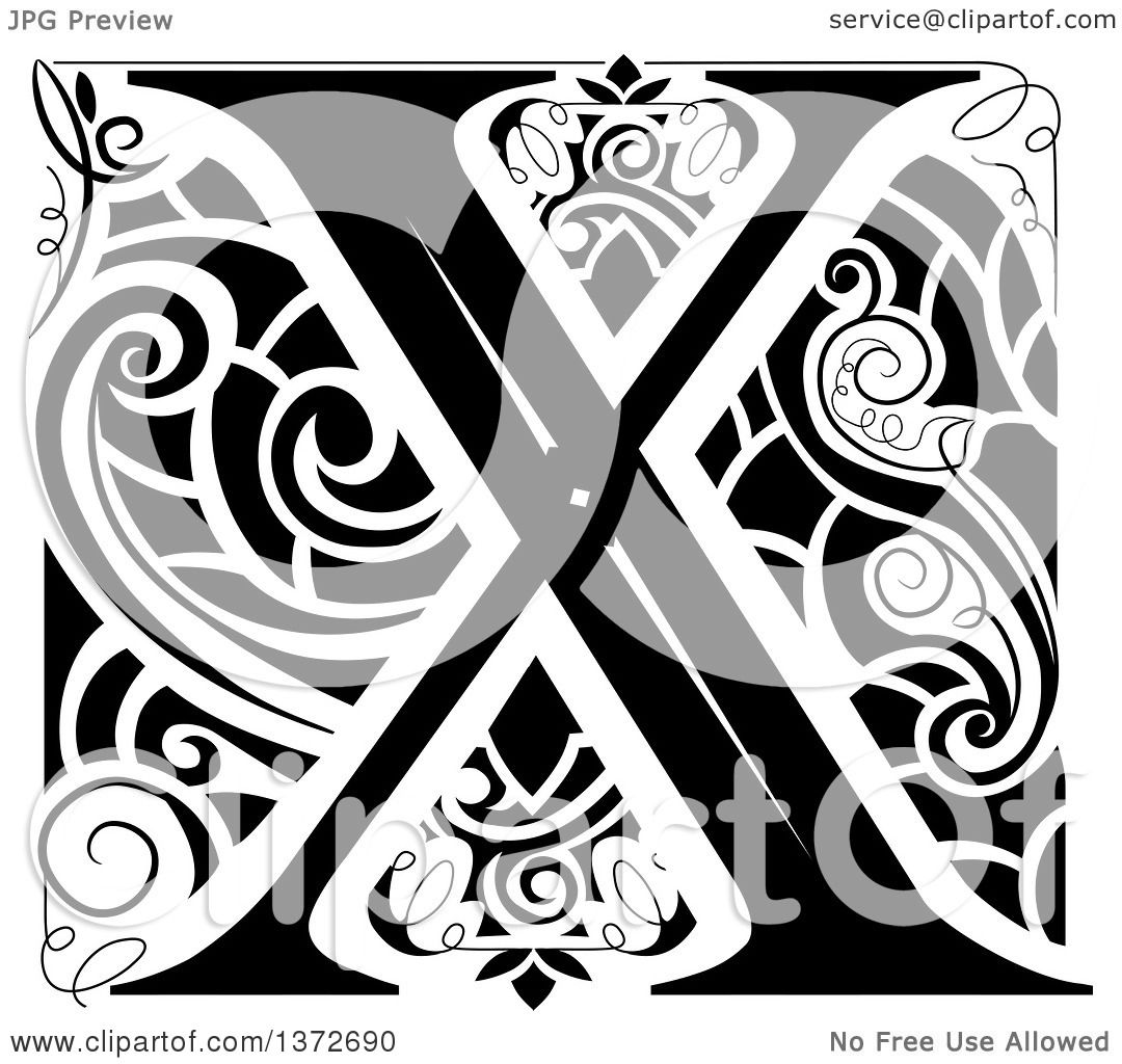 Clipart Of A Black And White Vintage Letter X Monogram Royalty Free