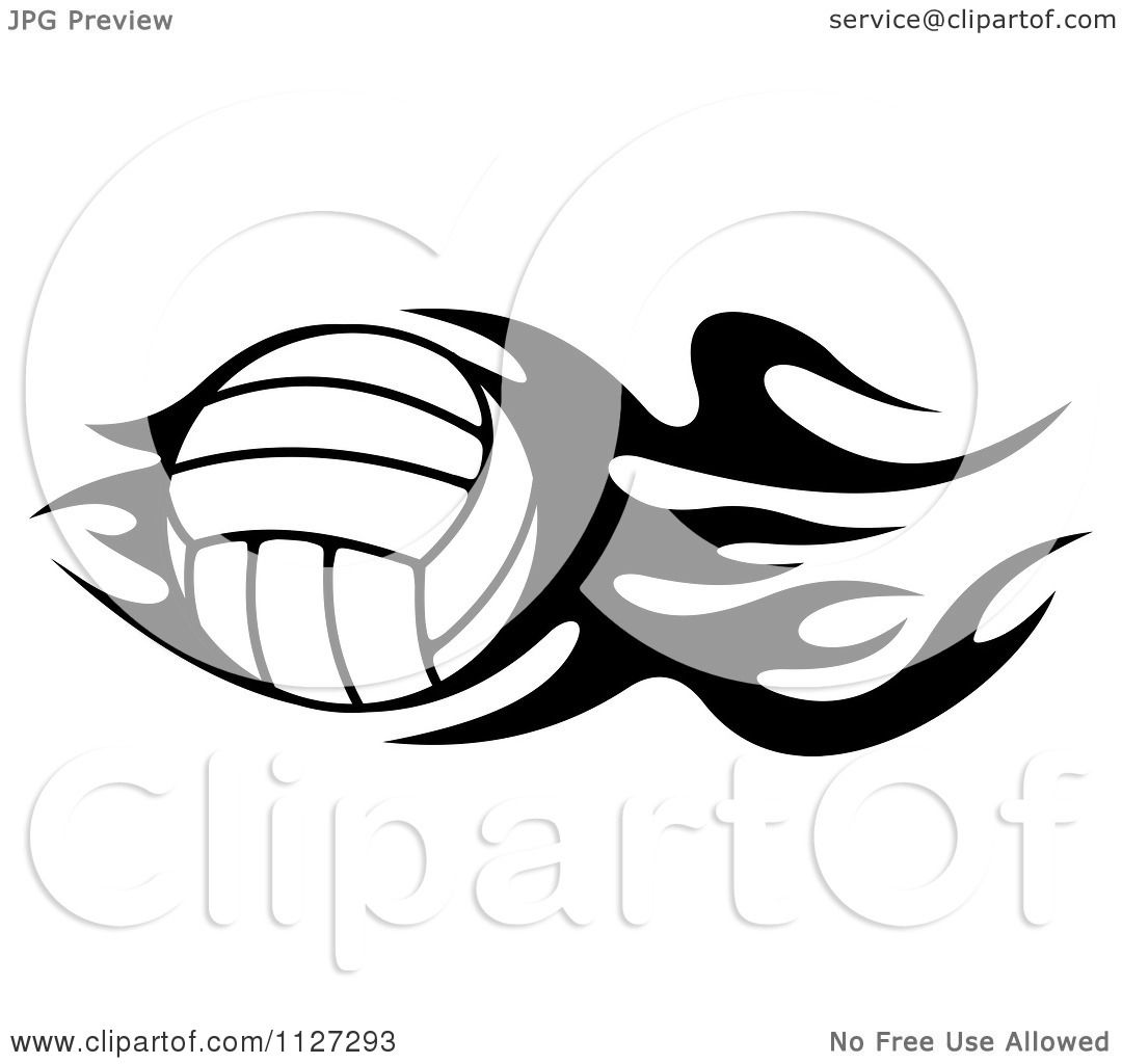 Clipart Of A Black And White Volleyball With Tribal Flames 4 - Royalty ...