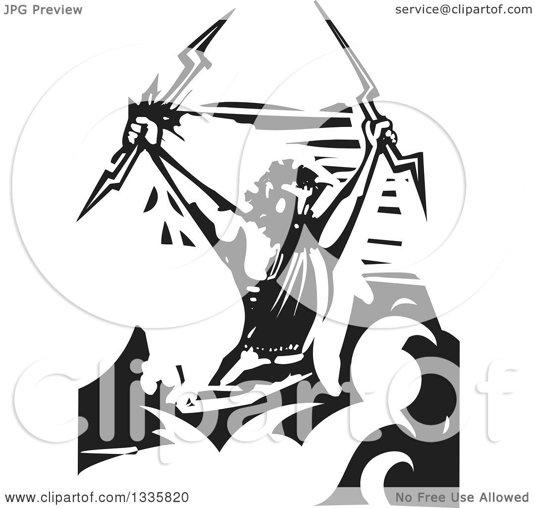 Clipart of a Black and White Woodcut Greek God, Zeus Holding Lightning ...