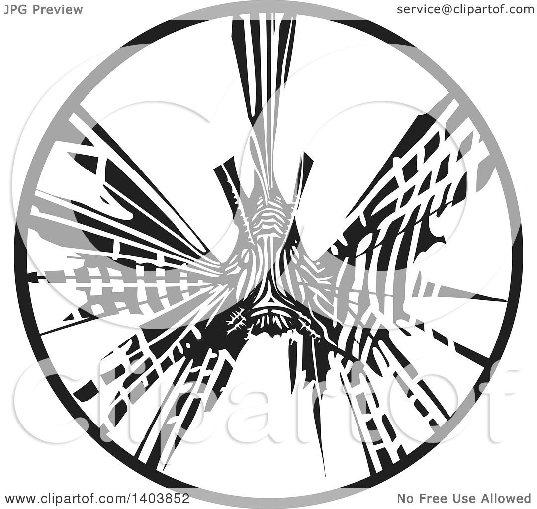 Download Clipart of a Black and White Woodcut Lionfish in a Circle ...