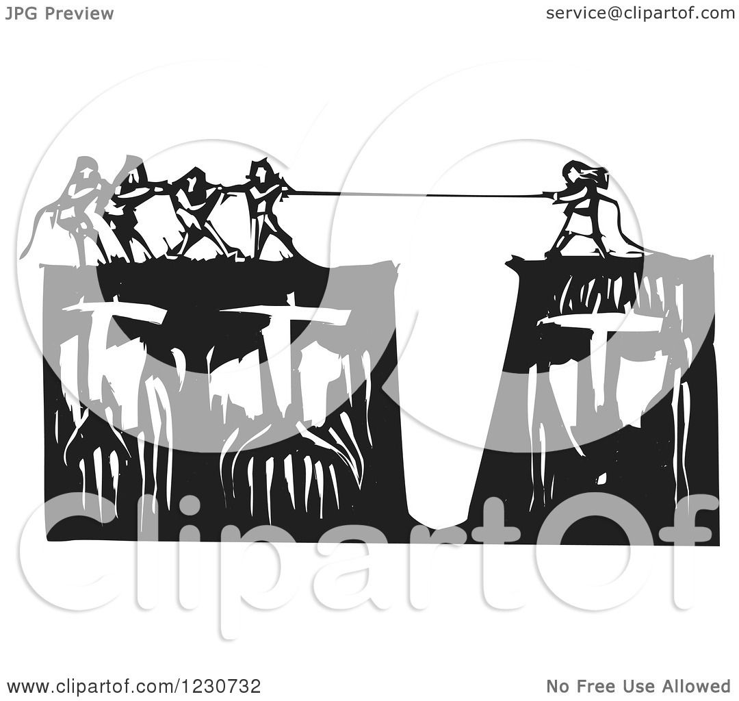 Clipart of a Black and White Woodcut of People Playing Tug of War on ...
