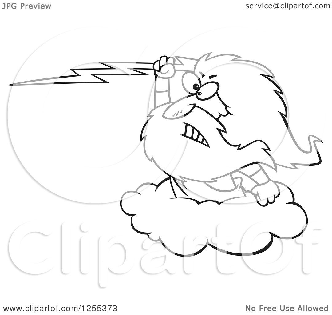 Clipart of a Black and White Zeus Holding a Lightning Bolt on a Cloud