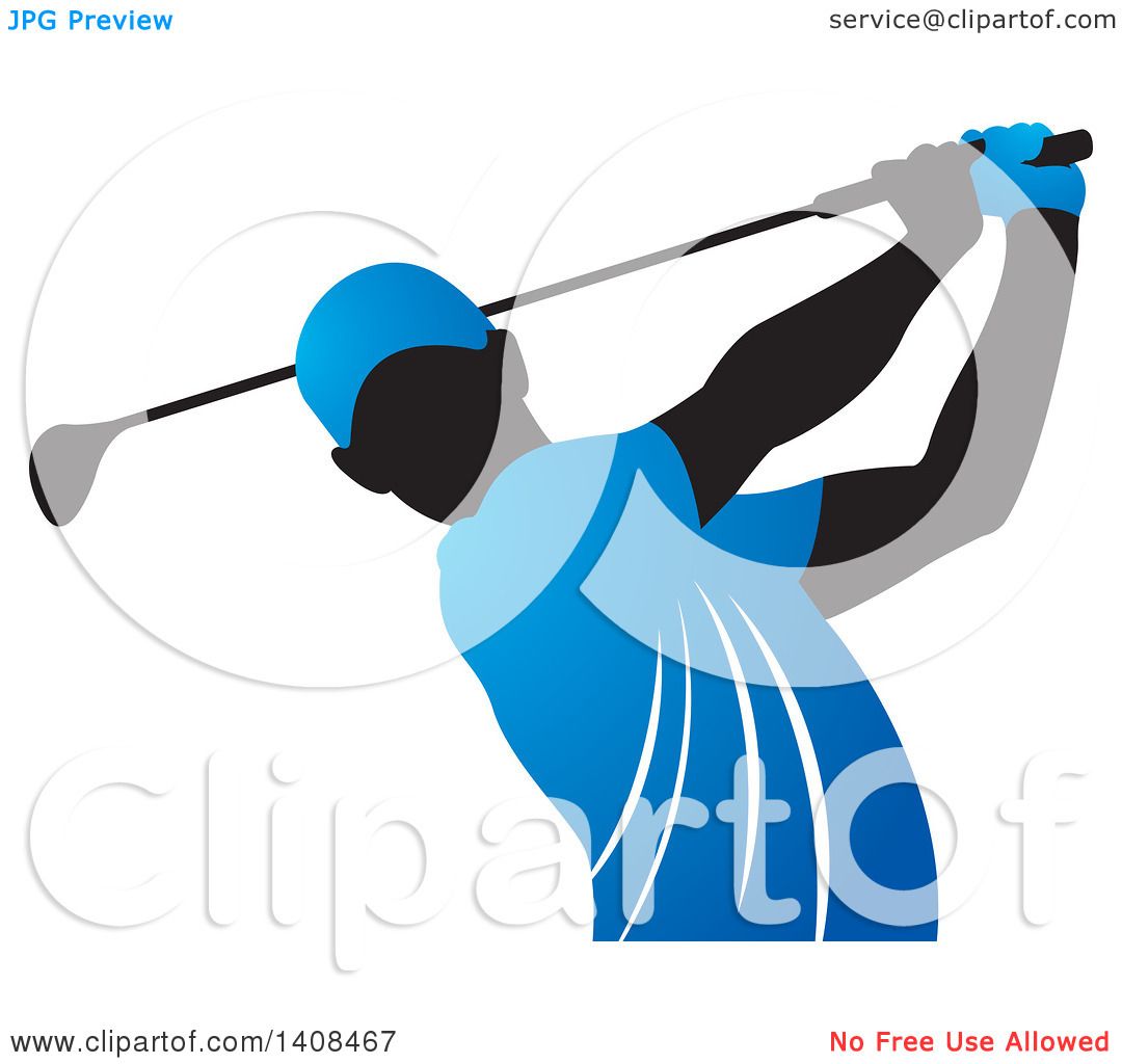 Clipart of a Black Silhouetted Male Golfer Dressed in Blue