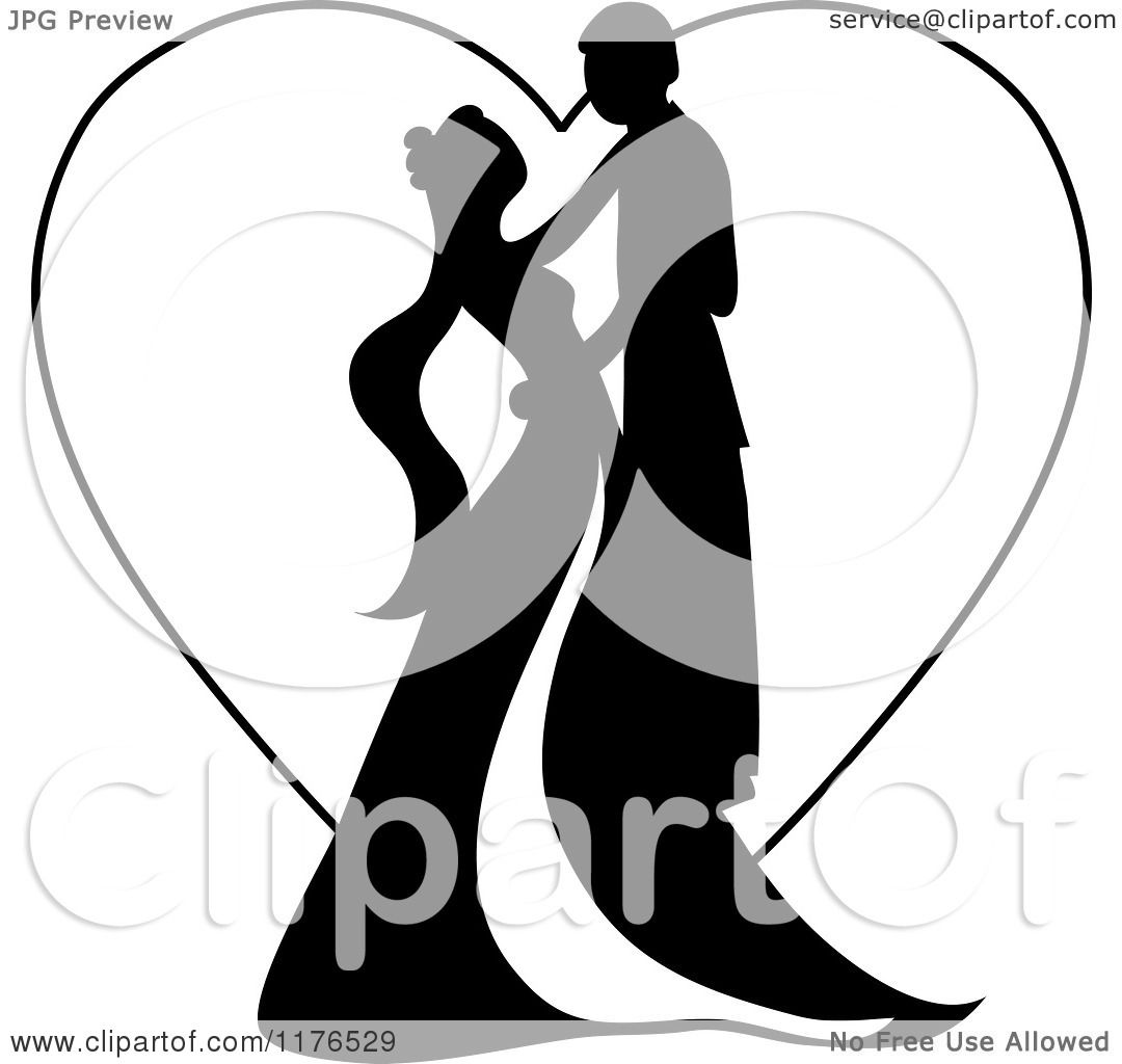Clipart Of A Black Silhouetted Wedding Couple Dancing Over