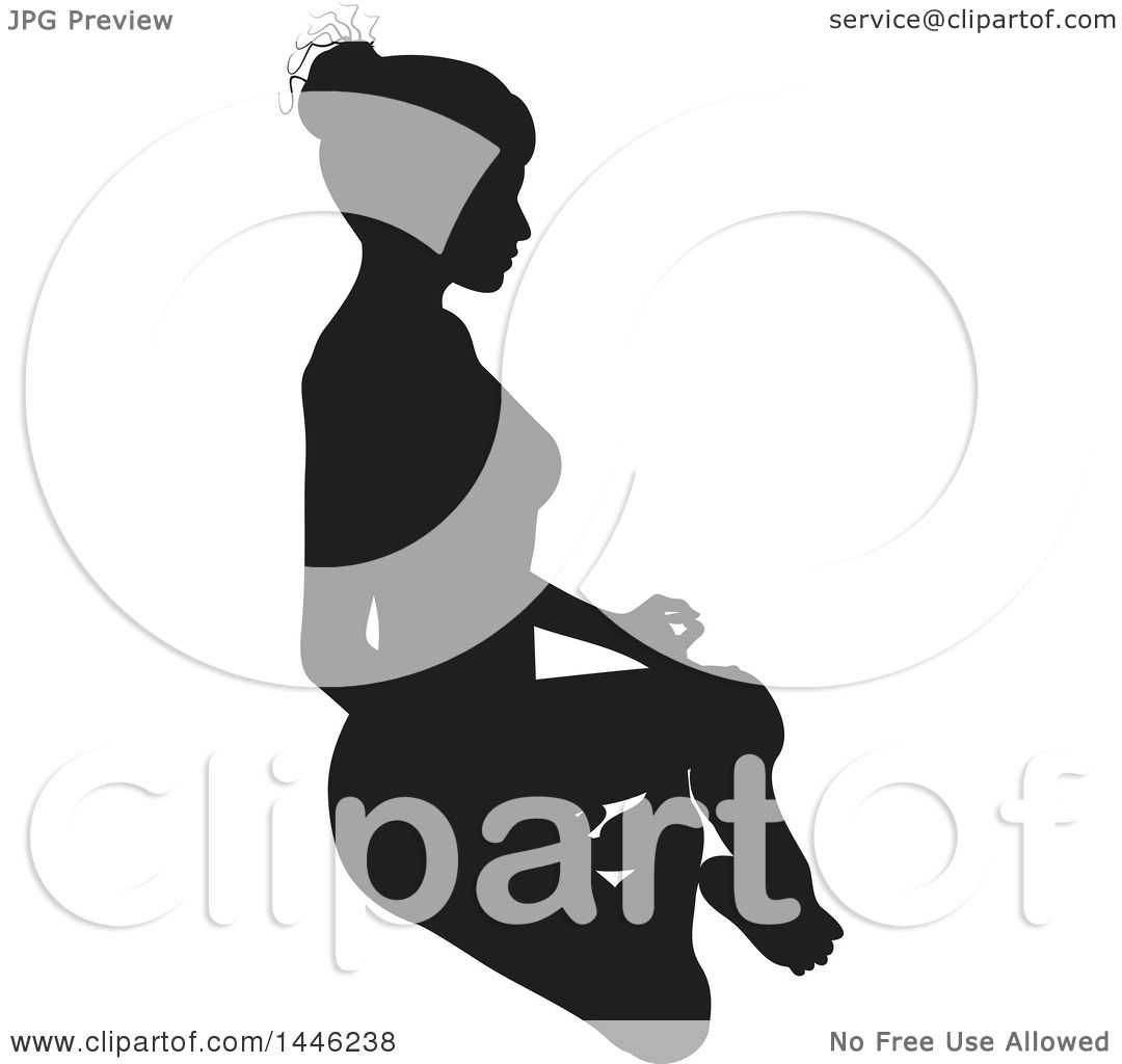 Clipart of a Black Silhouetted Woman in a Yoga Pose - Royalty Free