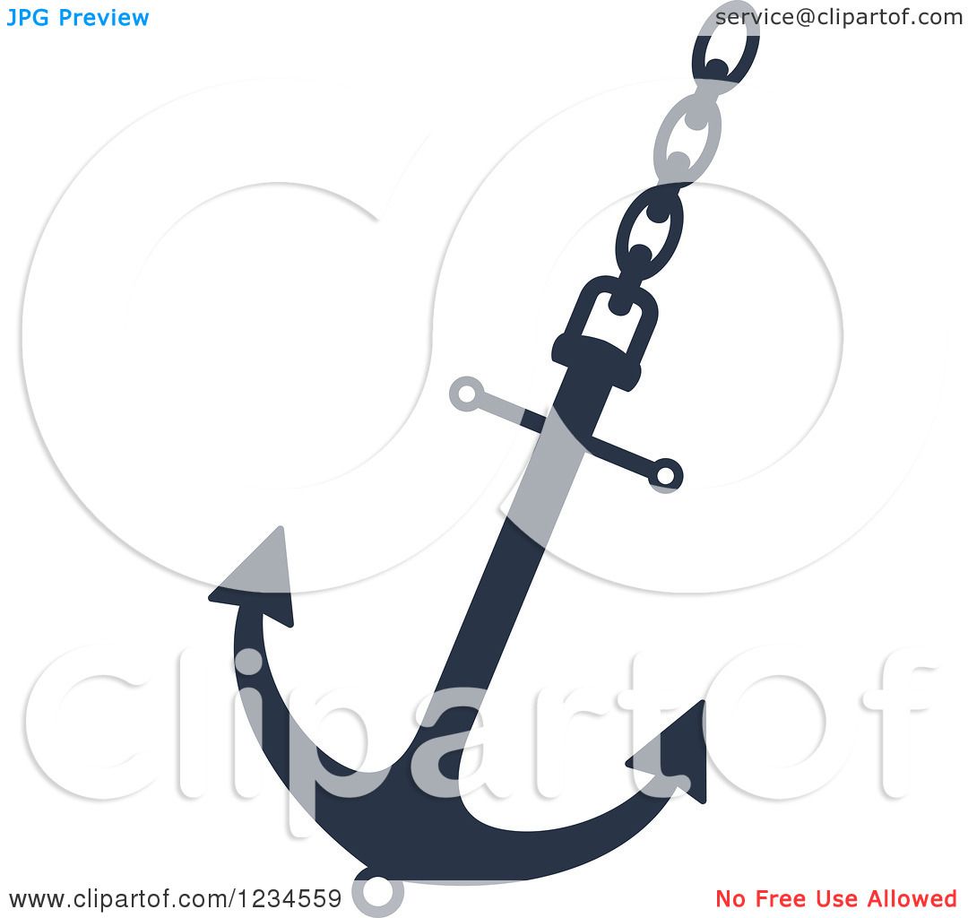 Clipart of a Blue Nautical Anchor and Chain 3 - Royalty Free