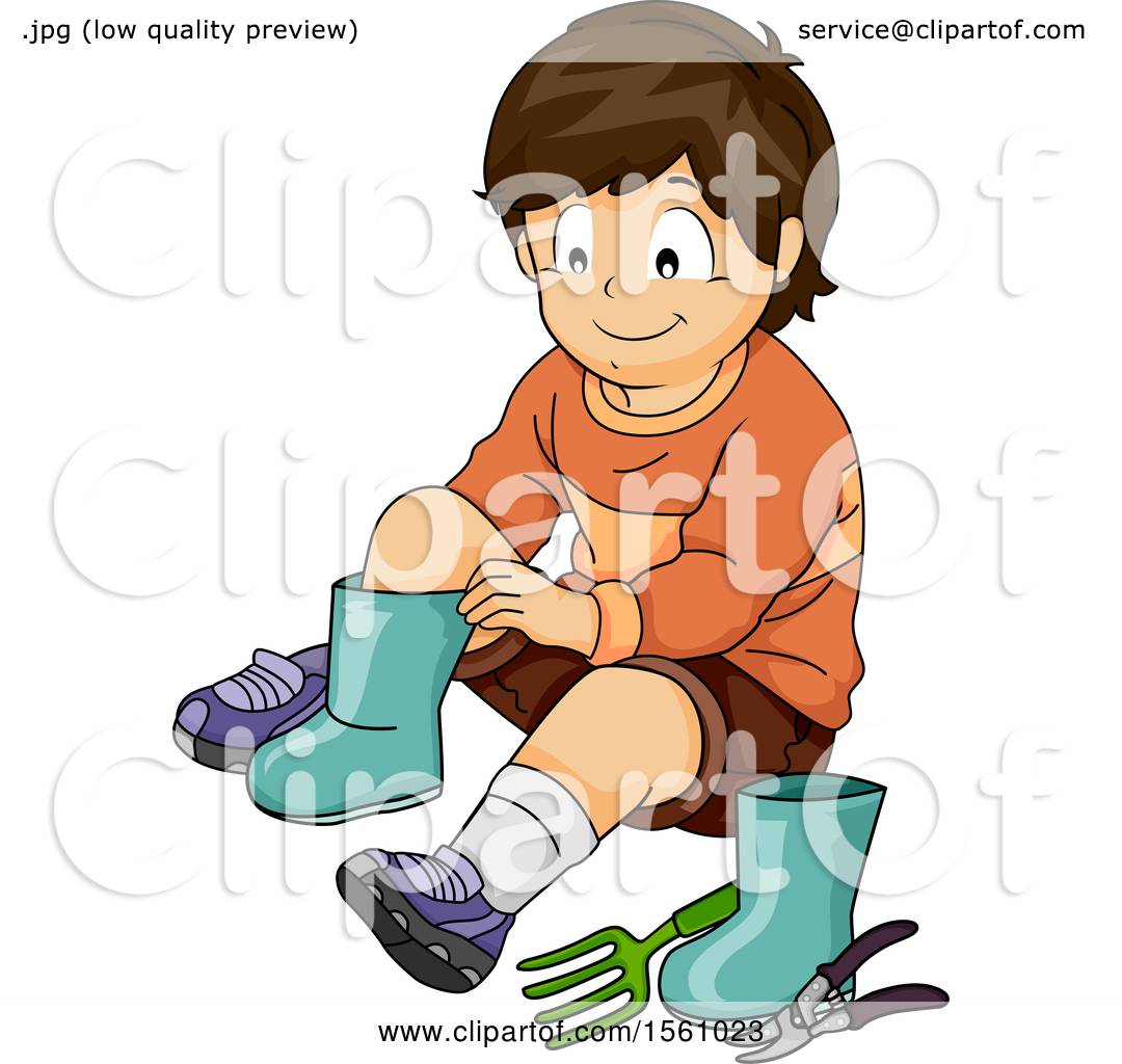 Clipart of a Boy Putting on Gardening Boots - Royalty Free Vector ...