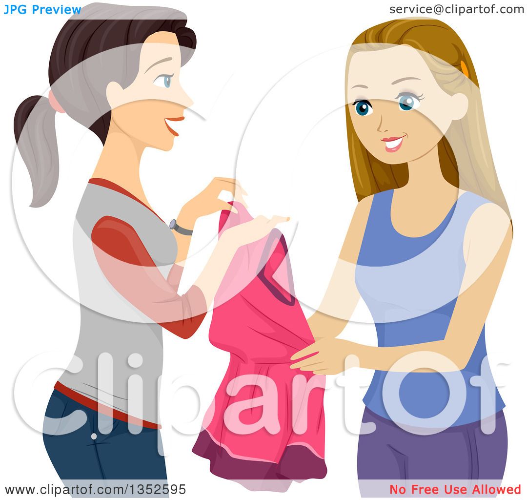 Clipart of a Brunette Caucasian Teenage Girl Loaning a Dress to Her ...