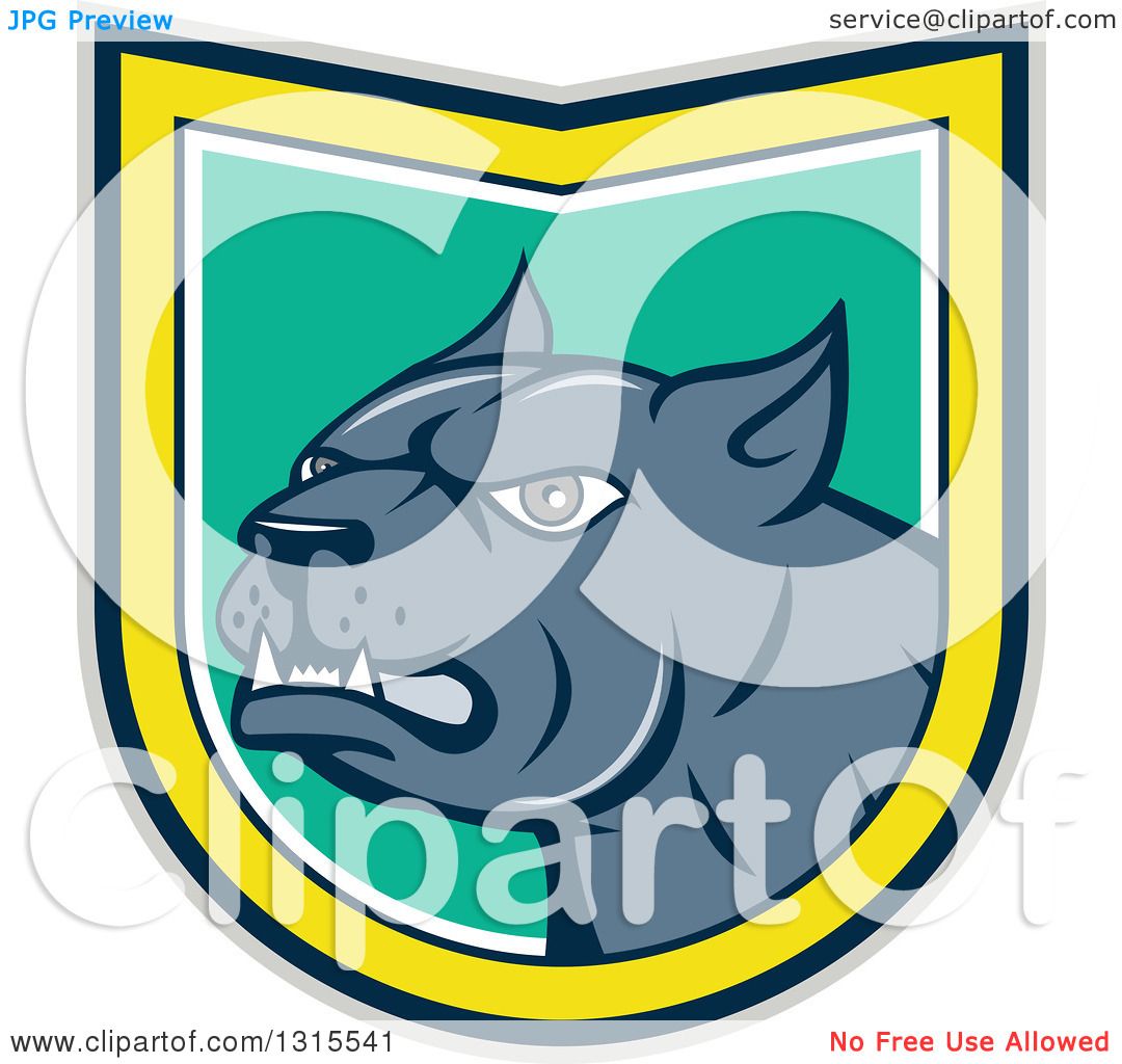 Clipart of a Cartoon Angry Pitbull Guard Dog Snarling in a Gray Black  Yellow White and Turquoise Shield - Royalty Free Vector Illustration by  patrimonio #1315541