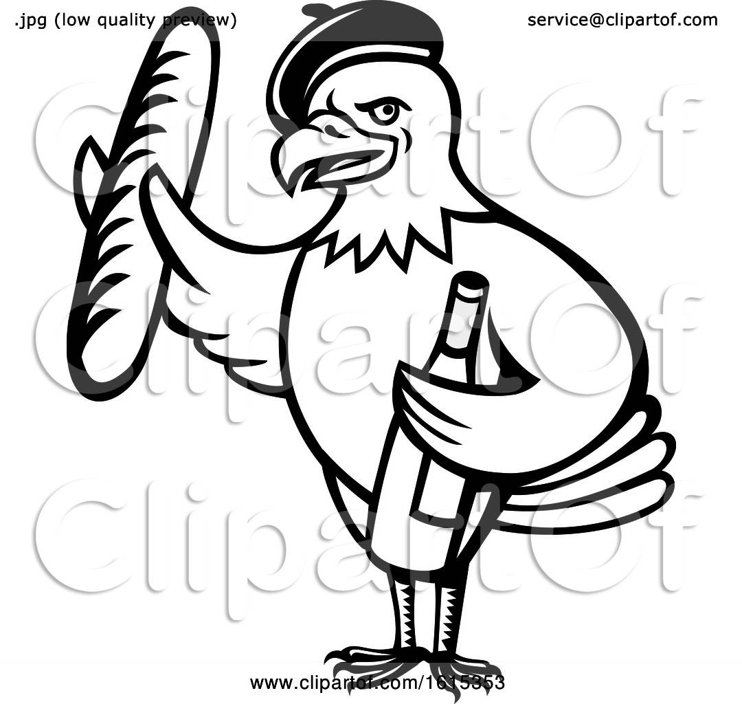 Clipart of a Cartoon Black and White American Bald Eagle Mascot Wearing a  French Beret and Holding a Baguette and Bottle of Wine - Royalty Free  Vector Illustration by patrimonio #1615353