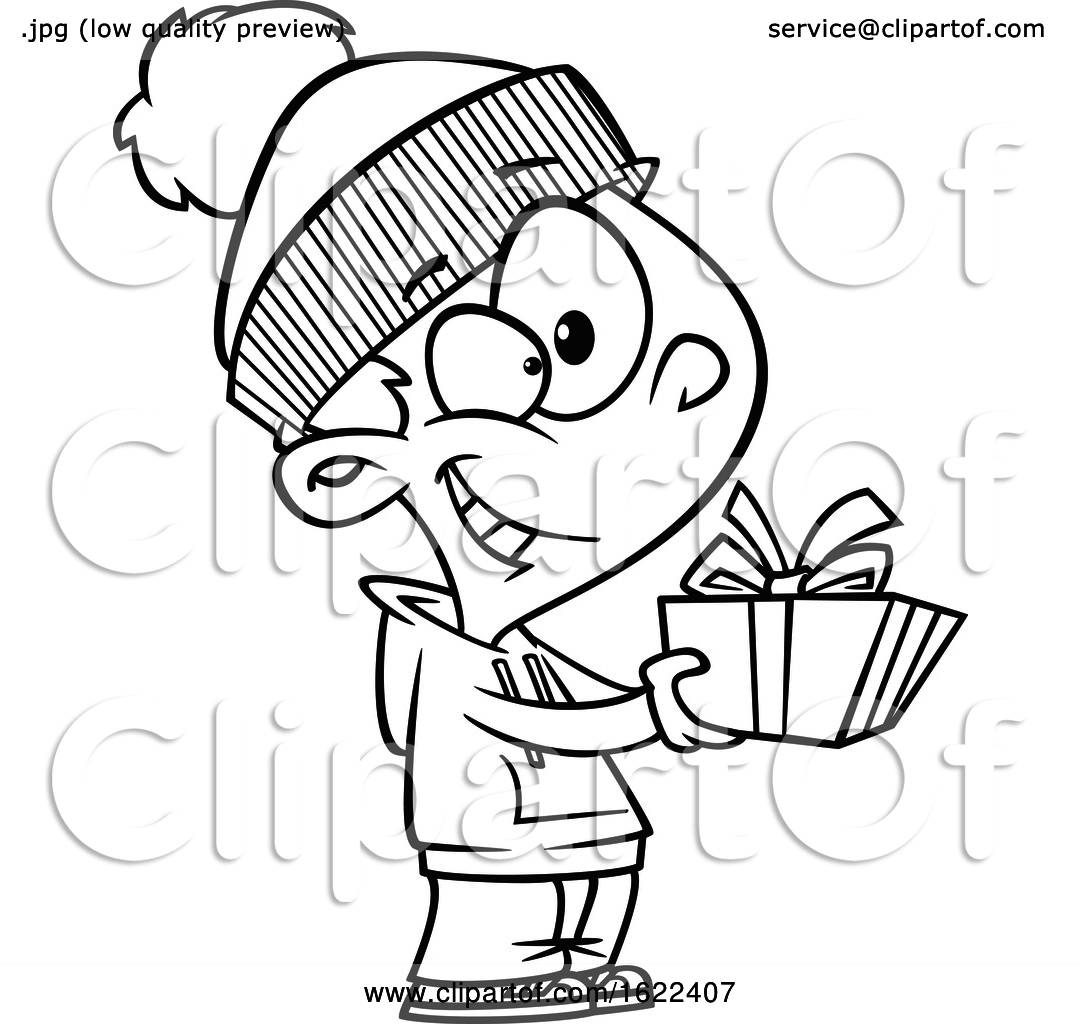Clipart Of A Cartoon Black And White Boy Giving A Christmas Gift Royalty Free Vector Illustration By Toonaday 1622407