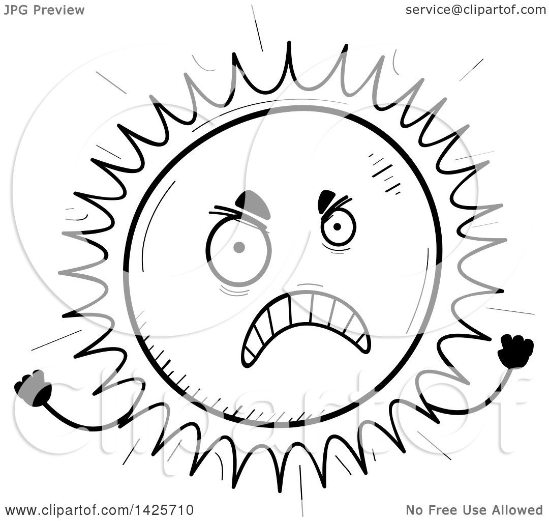 Clipart of a Cartoon Black and White Doodled Mad Sun Character ...